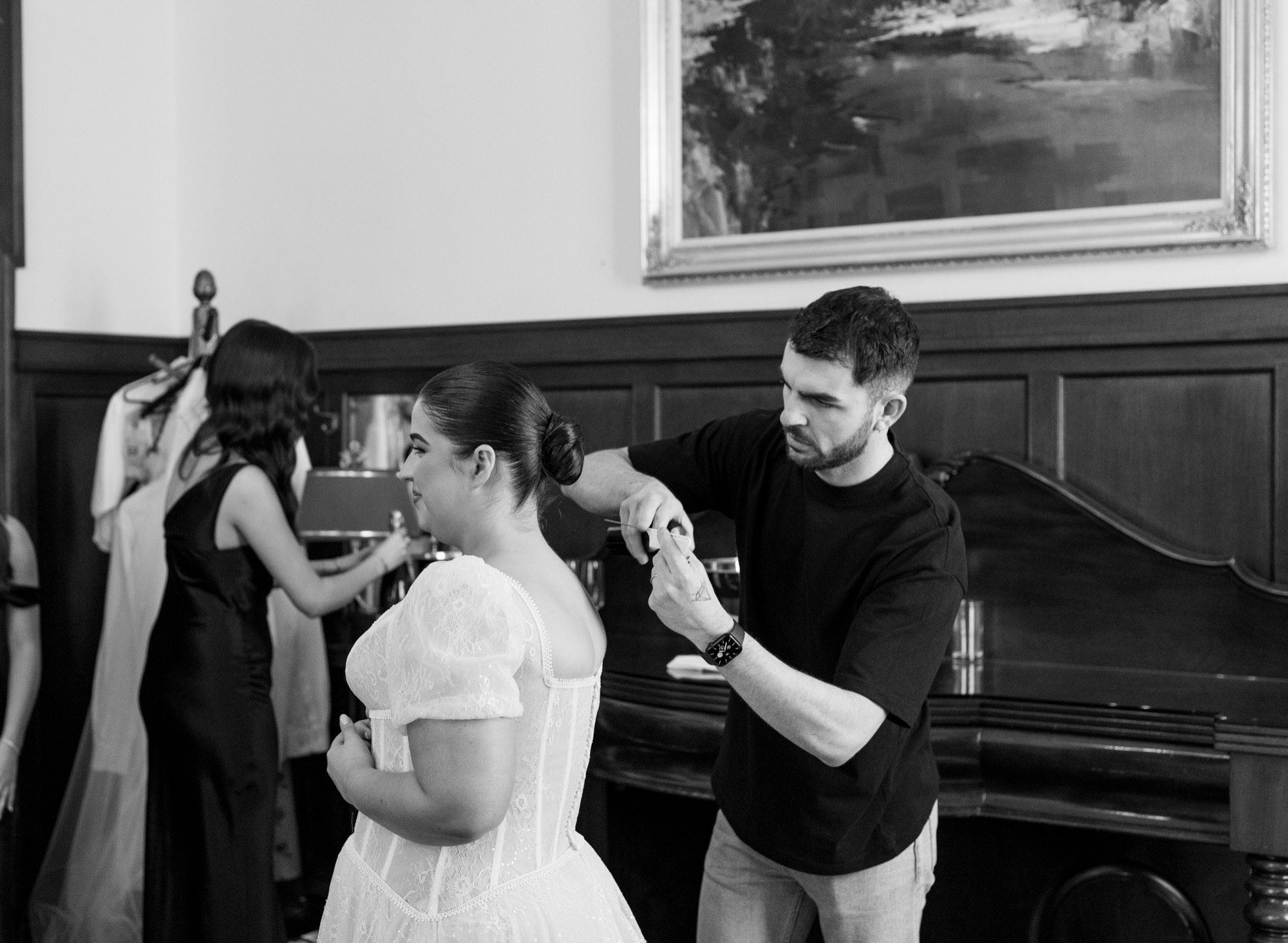 The bride's hair being finished before the ceremony, Tattersall's Club Brisbane